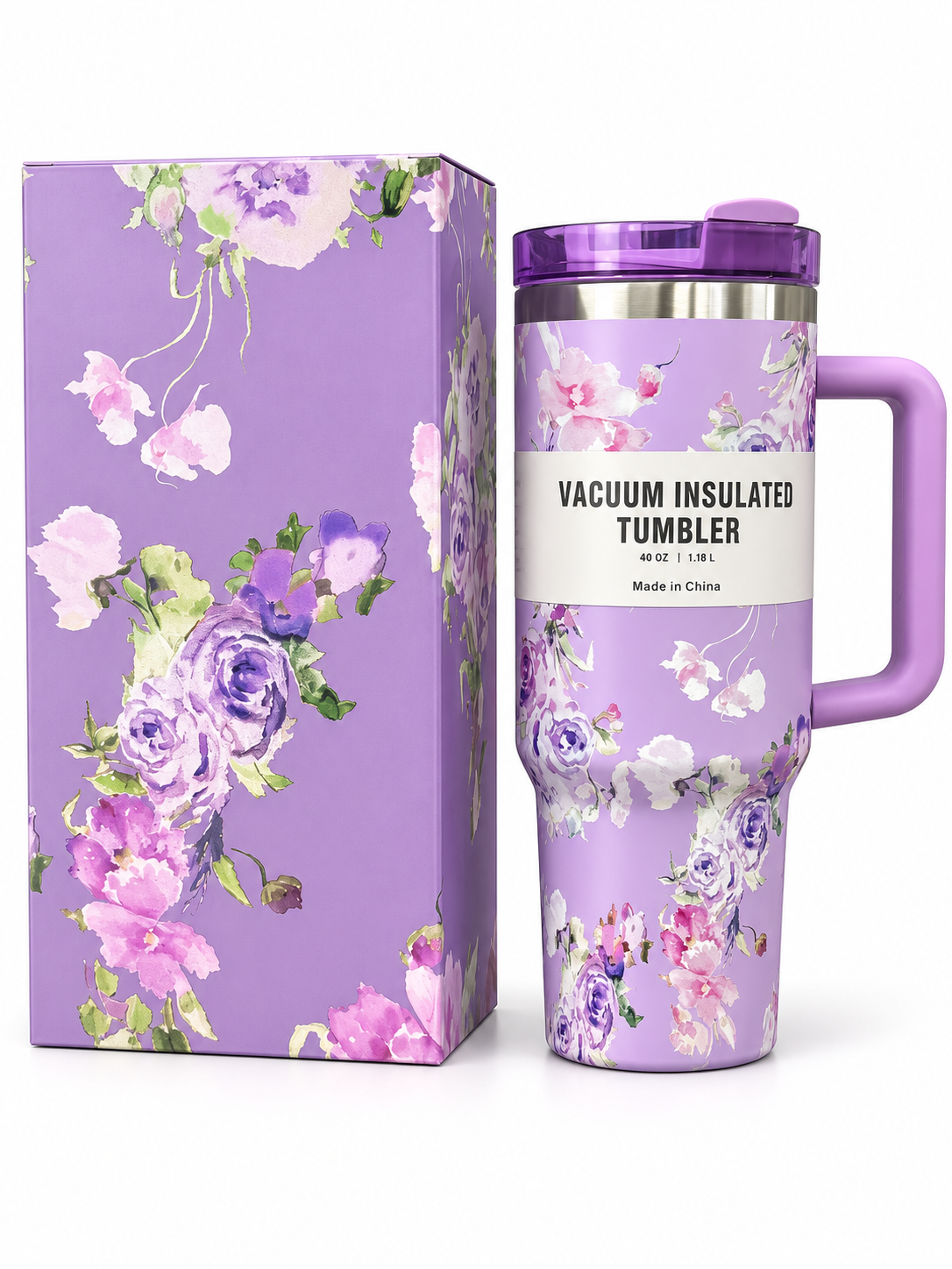 Purple floral 40 oz vacuum insulated tumbler with handle and matching gift box