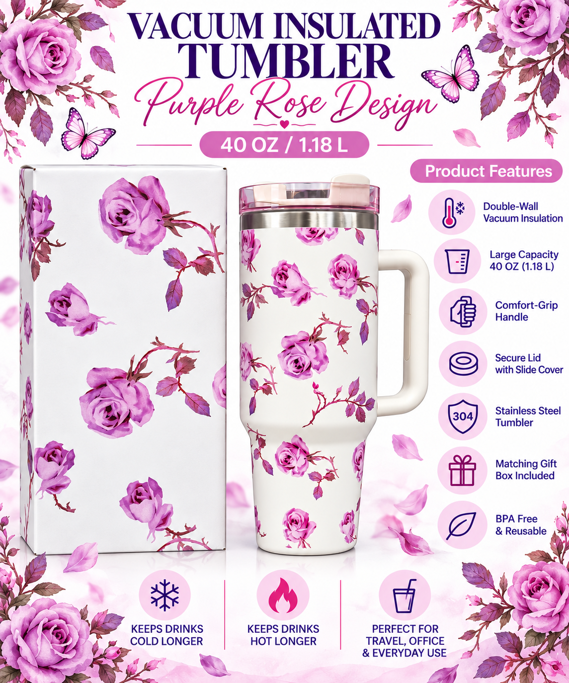 Purple rose vacuum insulated tumbler product features