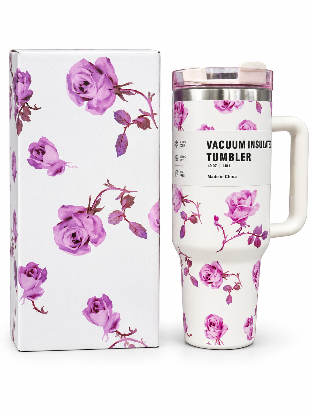 Purple rose 40 oz vacuum insulated tumbler with handle and matching gift box