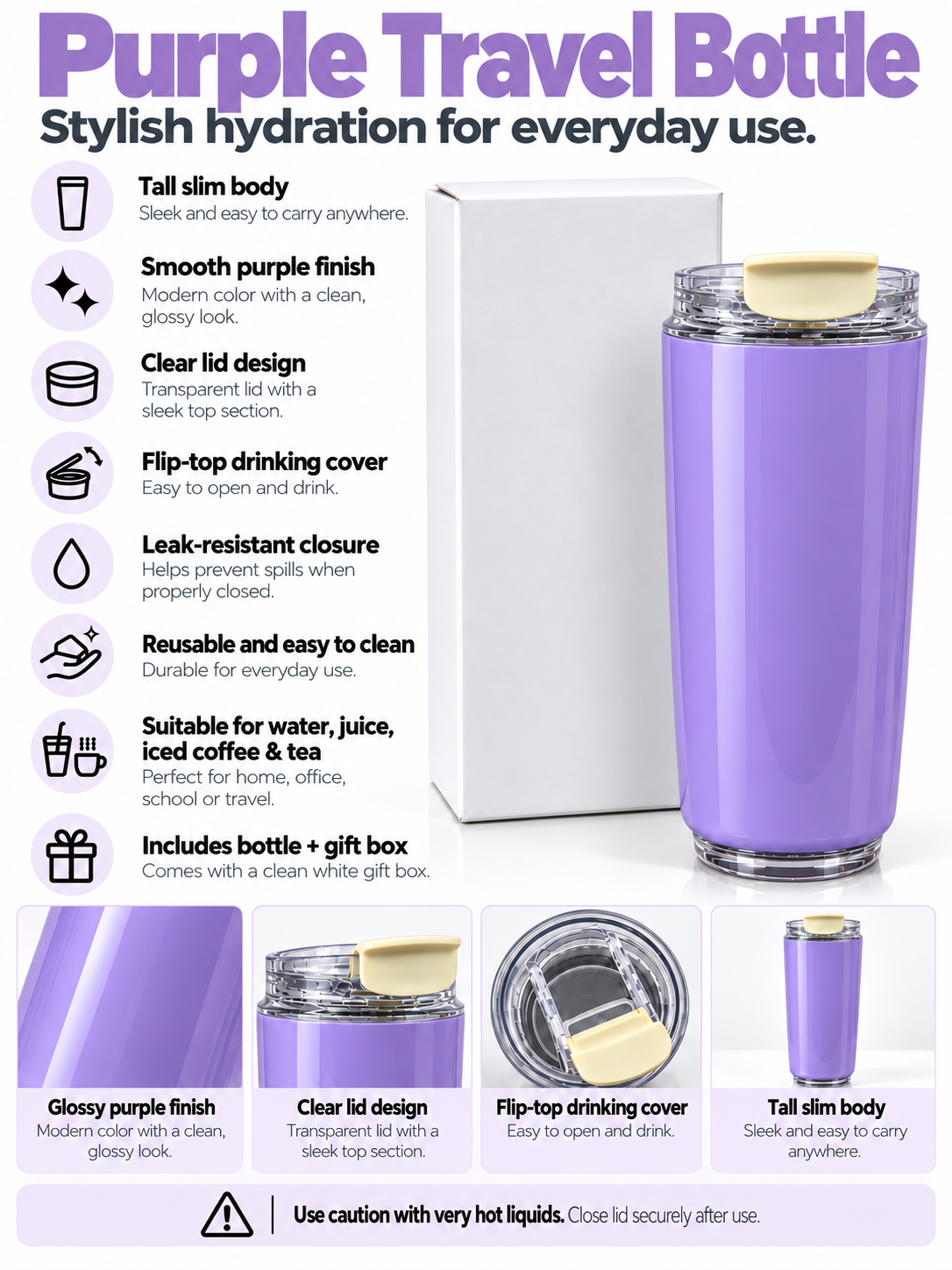 Purple travel bottle product features and details
