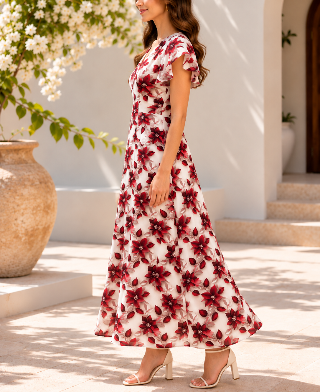 Side view of red floral flutter sleeve maxi dress