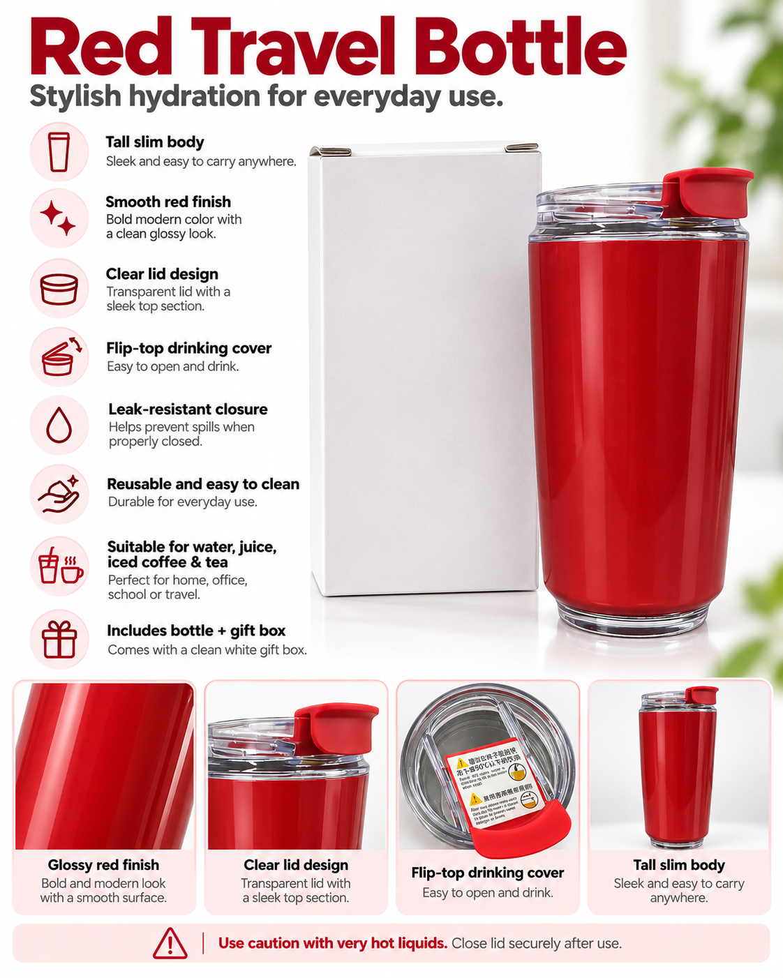 Red travel bottle product features and details