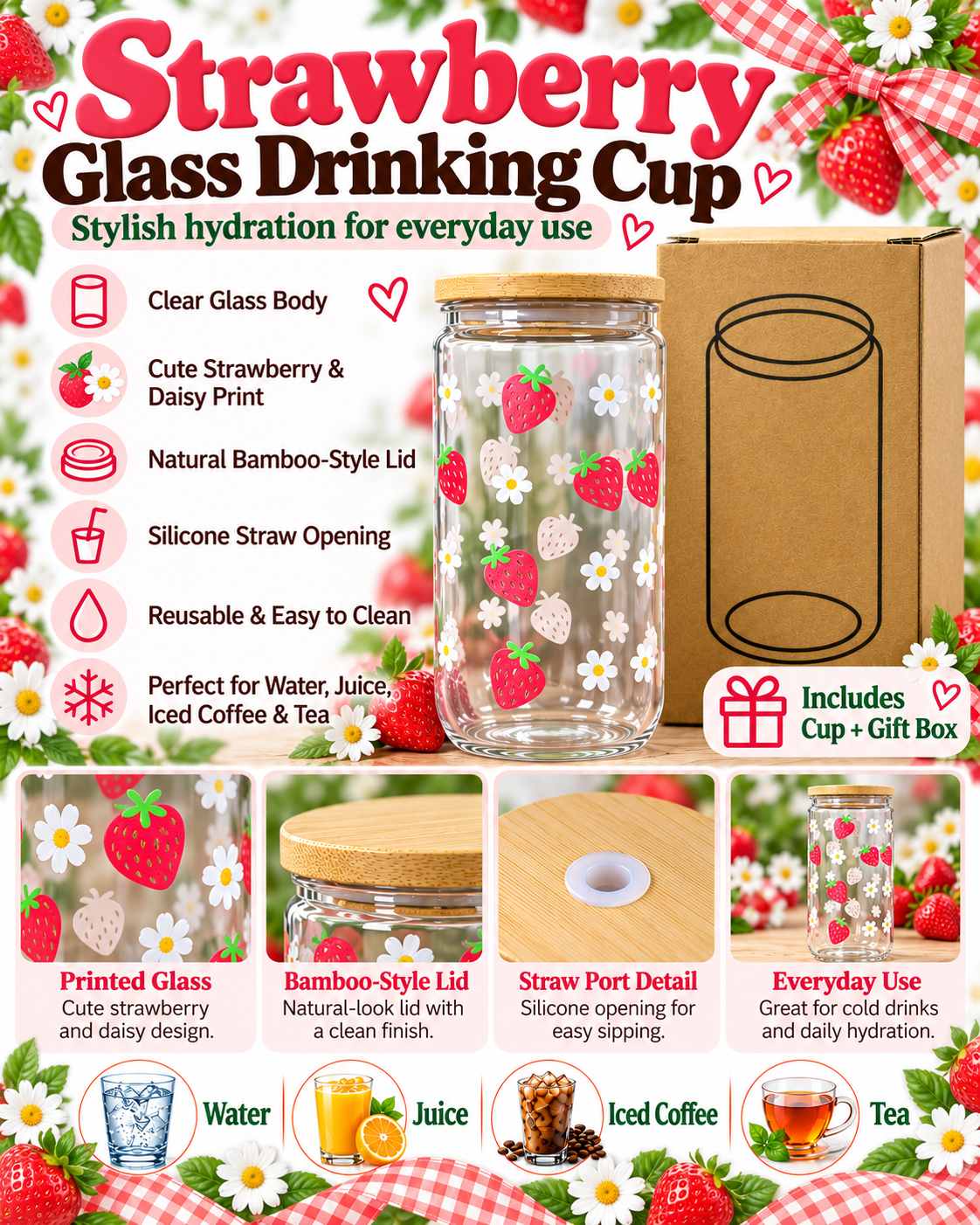 Strawberry and daisy glass drinking cup with gift box