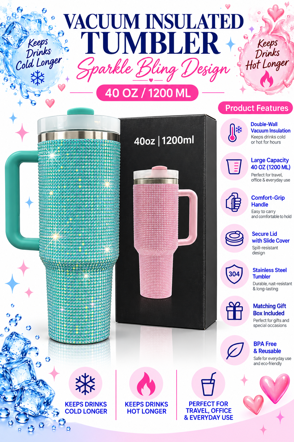 Turquoise sparkle bling 40 oz vacuum insulated tumbler product features