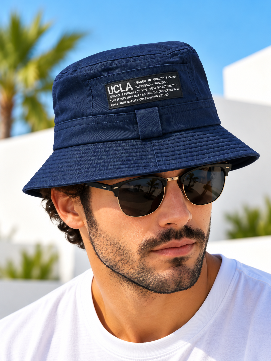 Navy blue bucket hat with UCLA front patch worn by male model