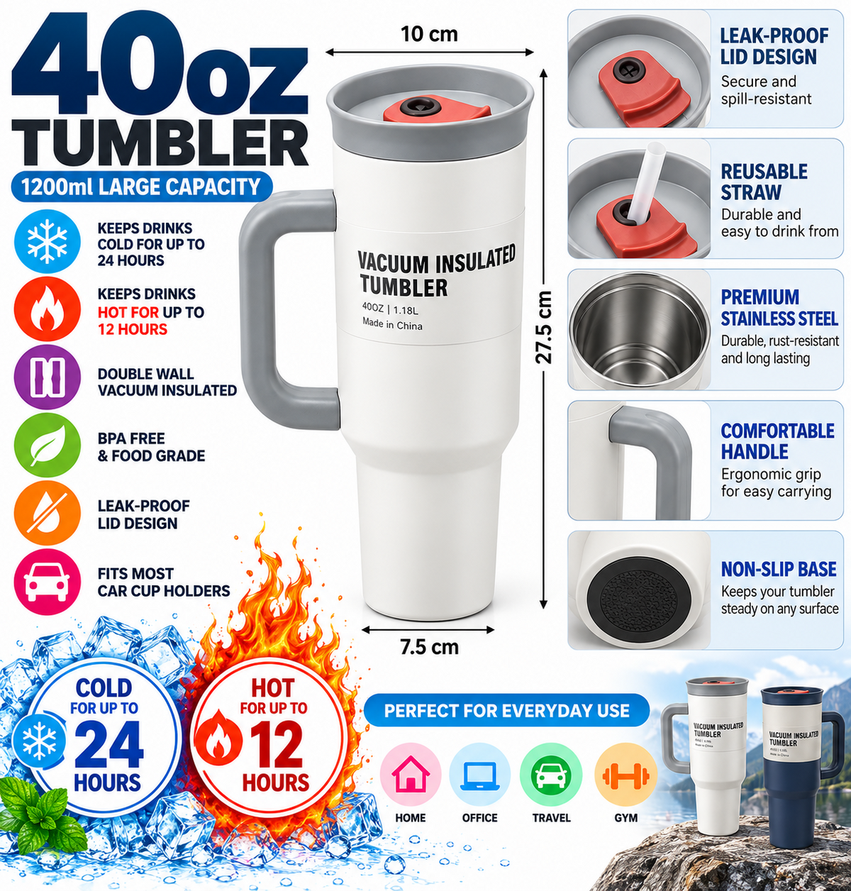 White and grey tumbler with packaging