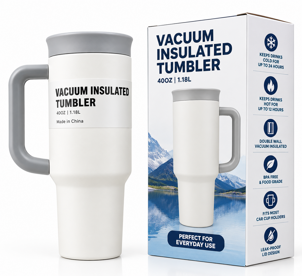White and grey tumbler features