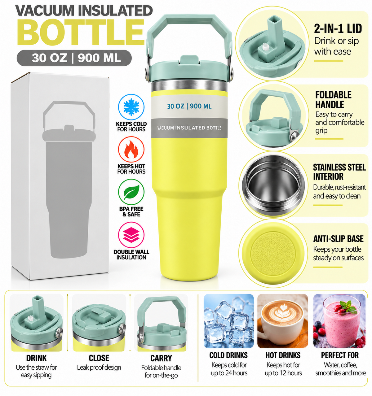 Yellow 900ml vacuum insulated bottle with box