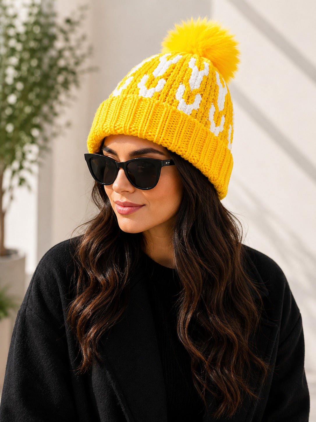 Yellow Fluffy Faux Fur Pom Pom Beanie - StylePhase SA