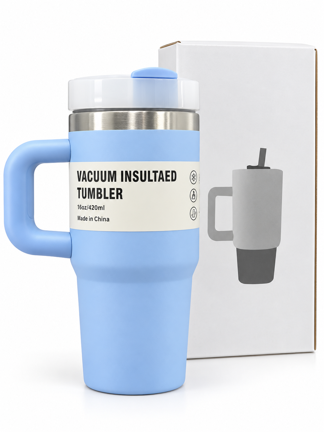 Blue vacuum insulated stainless steel tumbler with handle and gift box