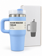 Blue vacuum insulated stainless steel tumbler with handle and gift box
