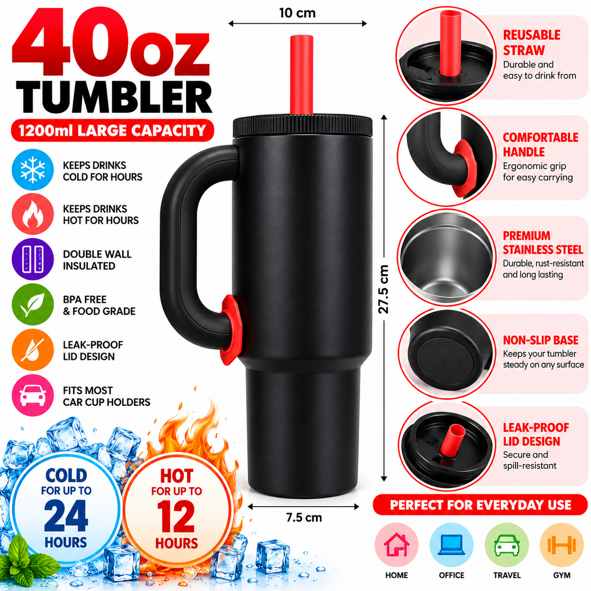 Black and red 1200ml tumbler features infographic