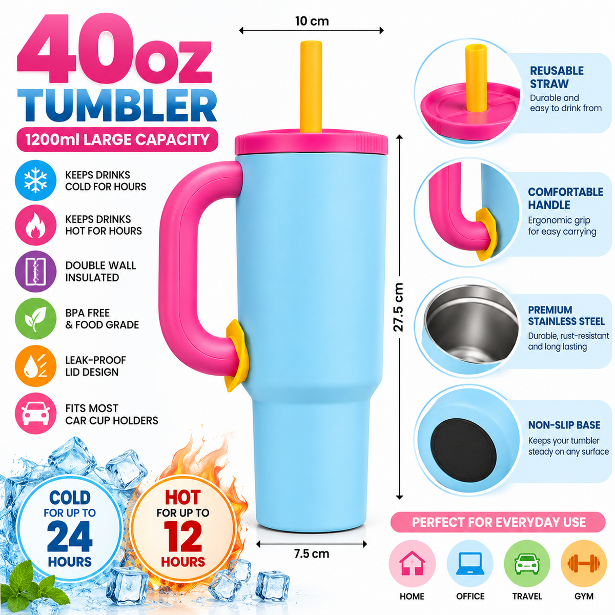 1200ml tumbler dimensions and features infographic