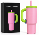 Pink and lime green 1200ml insulated tumbler with packaging