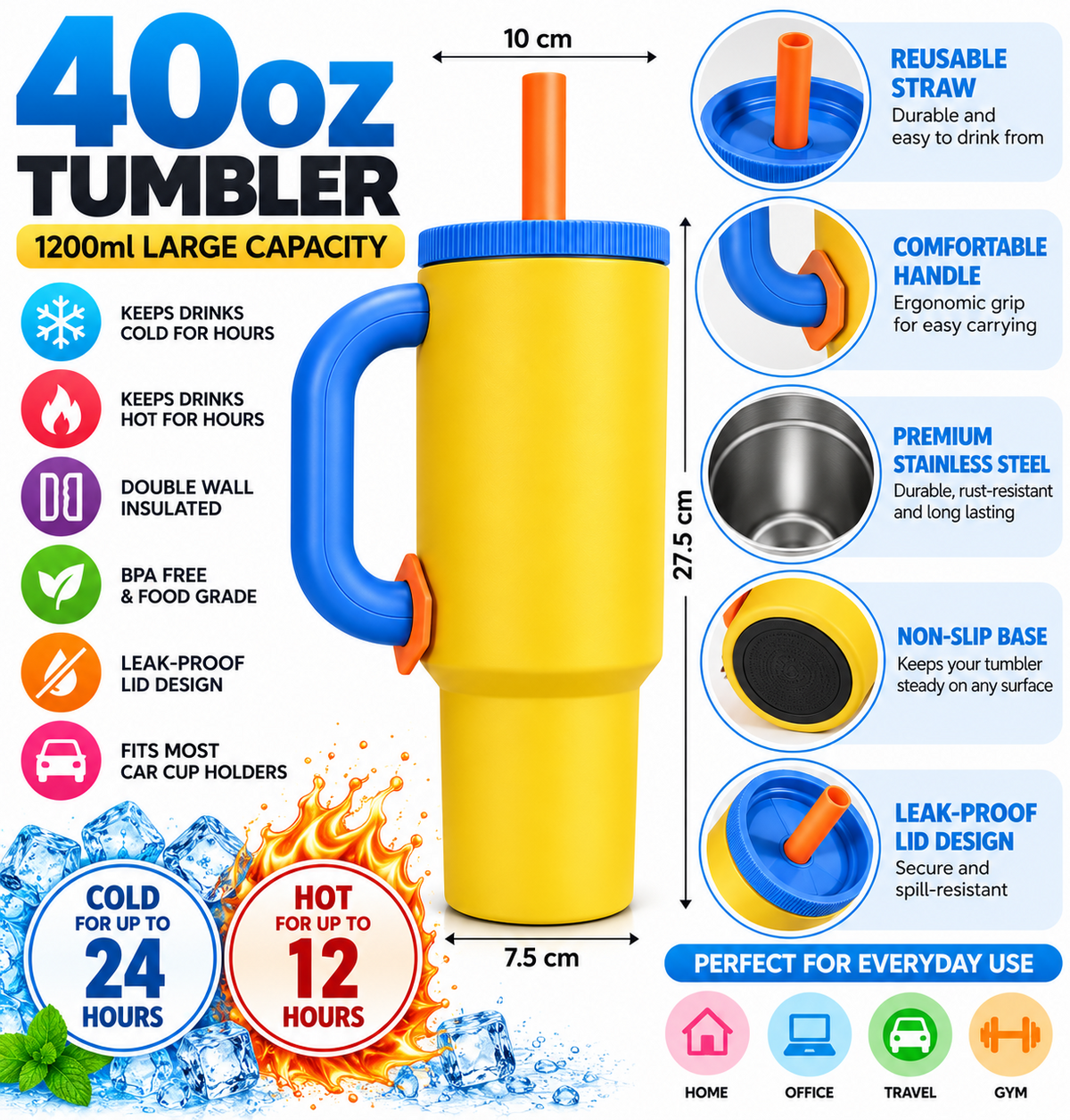 Yellow blue orange 1200ml tumbler features and measurements