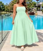 Ladies mint green strappy gathered maxi dress front view