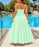 Ladies mint green strappy gathered maxi dress back view