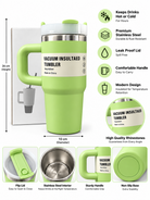 Green vacuum insulated stainless steel tumbler features and dimensions