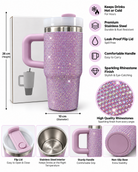 Lilac rhinestone insulated tumbler features and dimensions