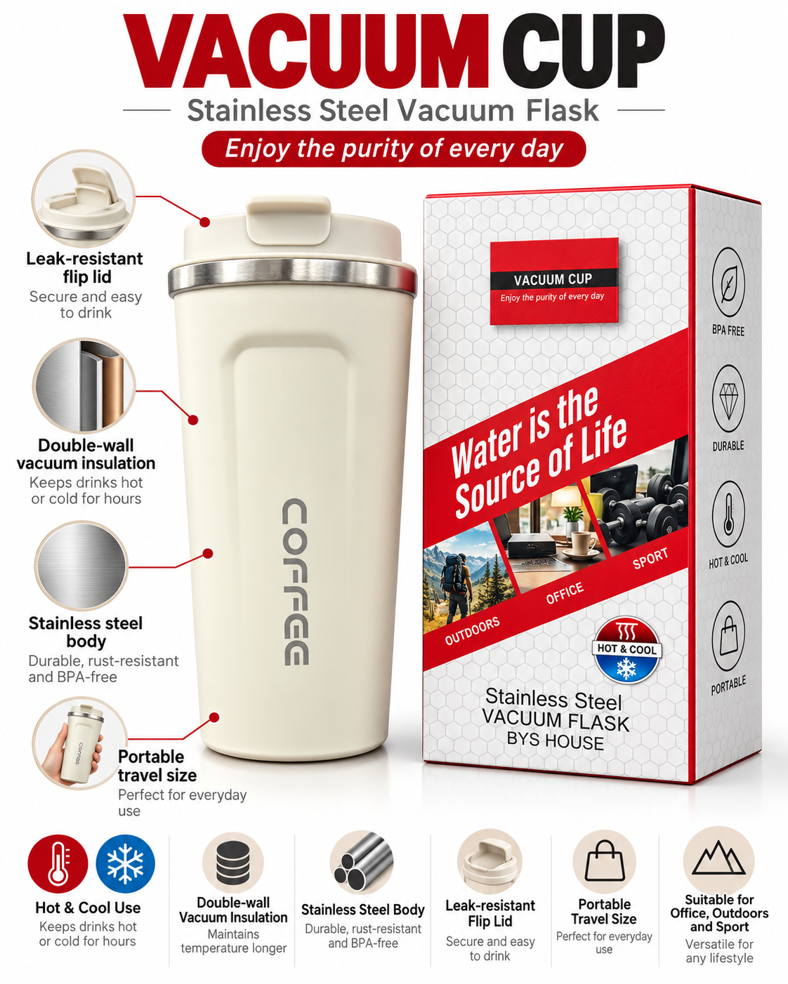 Cream vacuum coffee cup and retail box