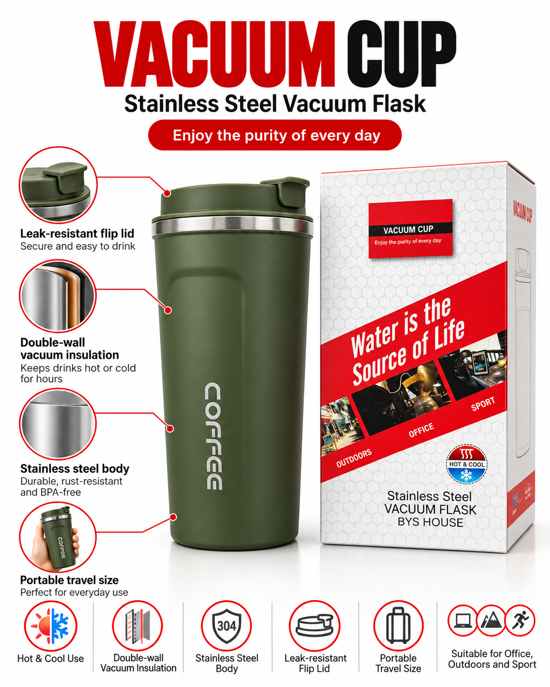 Olive green coffee vacuum cup with retail packaging