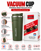 Olive green coffee vacuum cup with retail packaging
