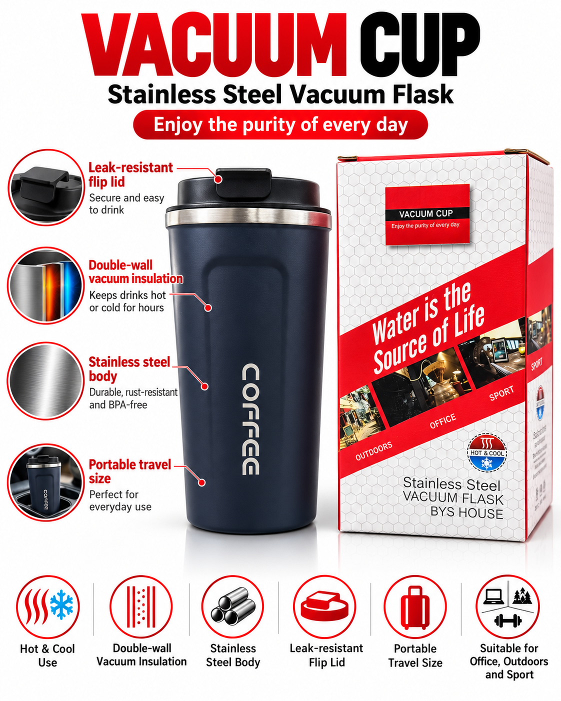 Navy blue vacuum coffee cup with packaging