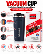 Navy blue vacuum coffee cup with packaging