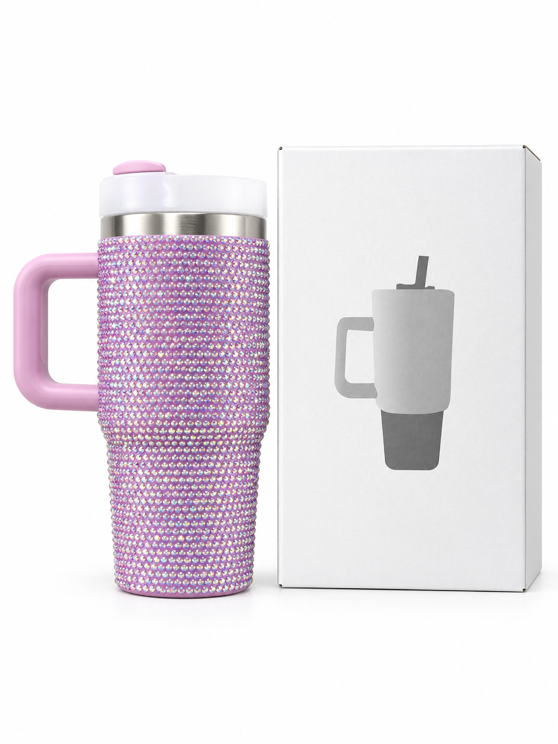 Lilac rhinestone vacuum insulated stainless steel tumbler with handle and gift box