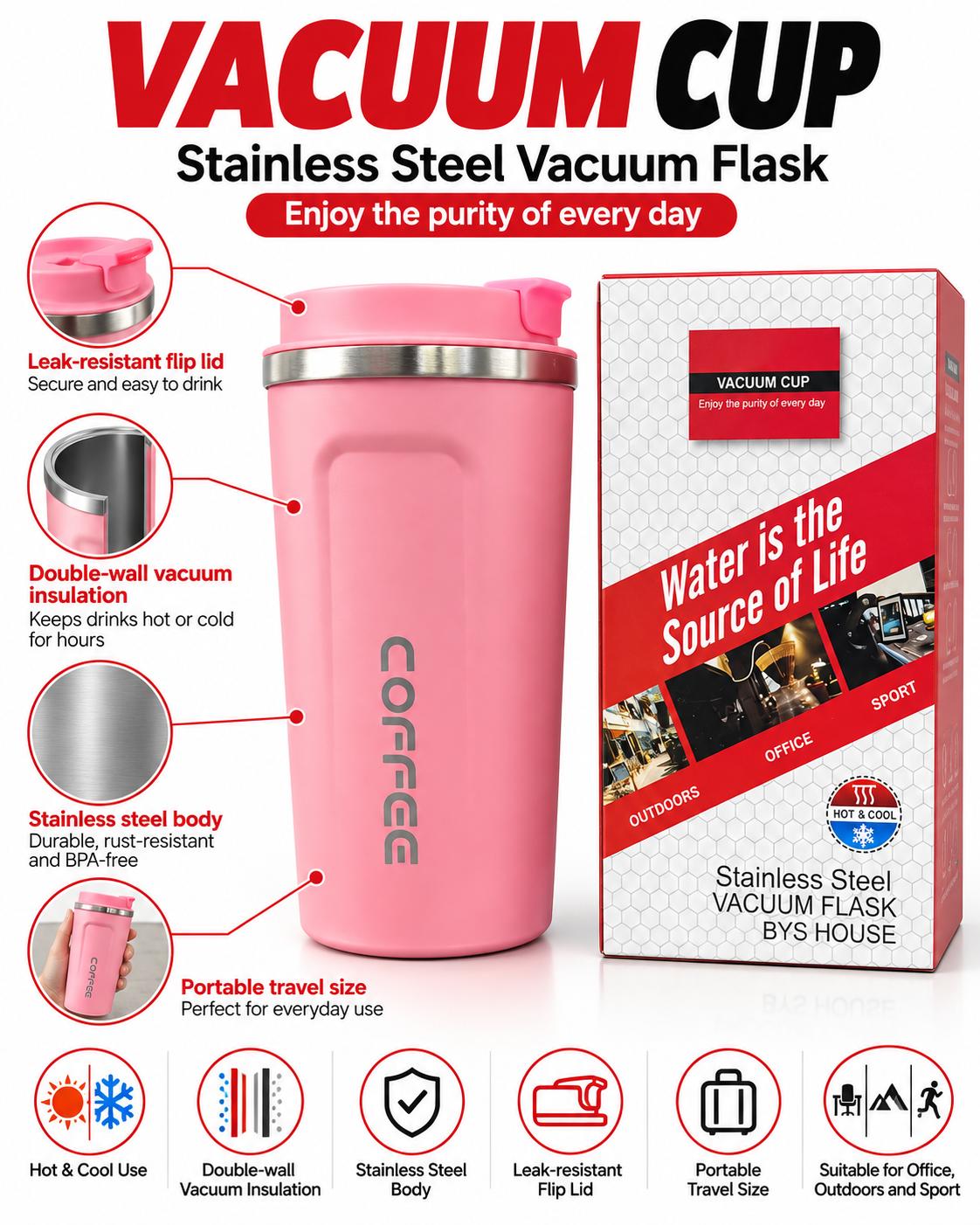 Pink vacuum coffee cup with retail packaging