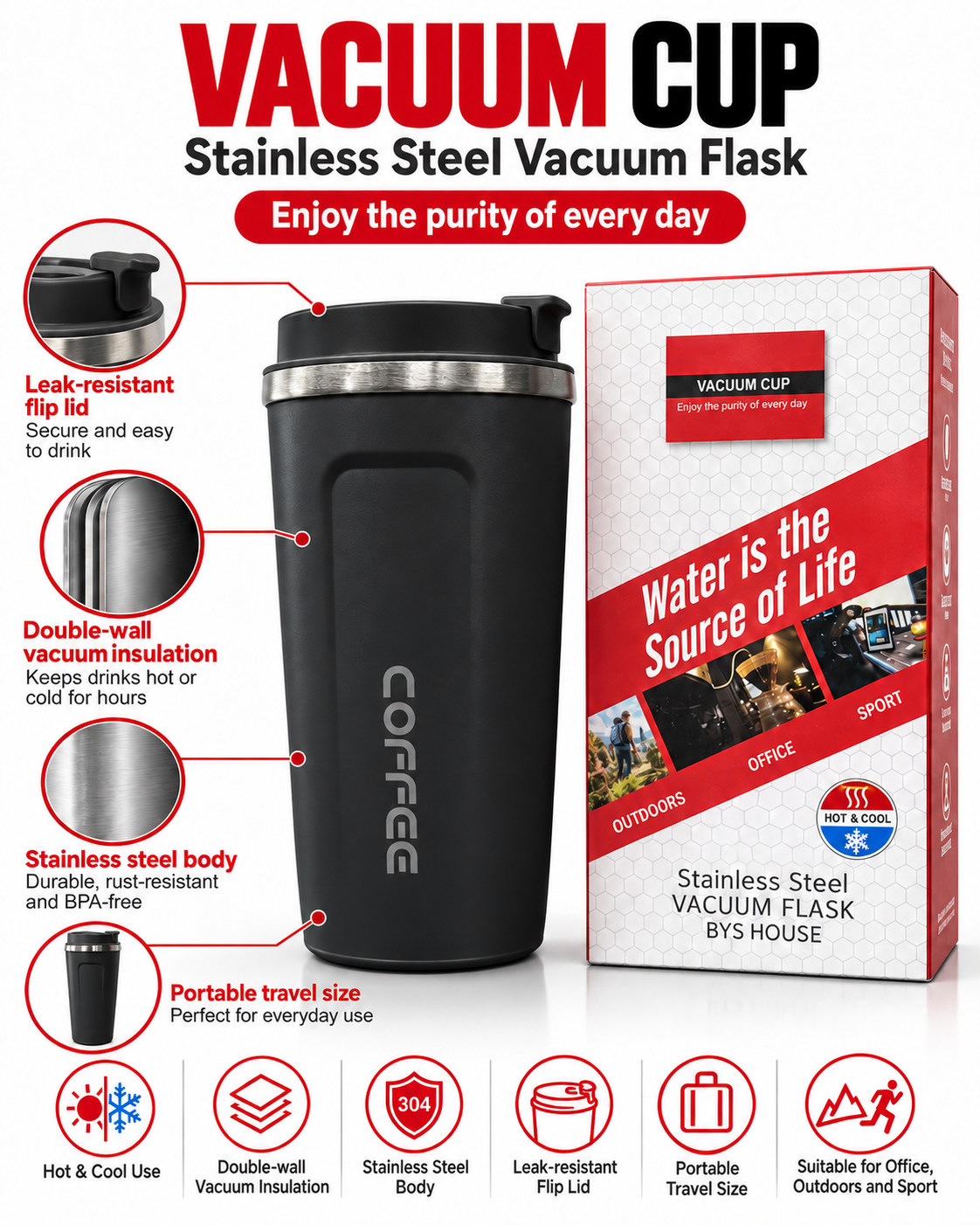 Black vacuum coffee cup with packaging