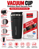 Black vacuum coffee cup with packaging