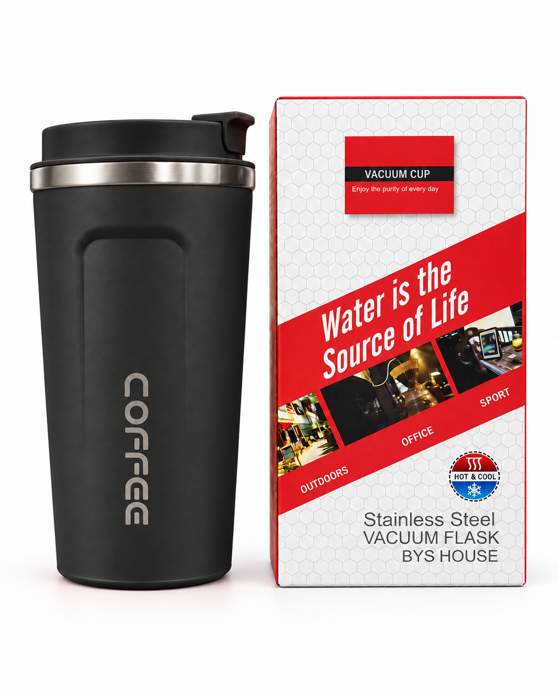 Black vacuum cup features infographic
