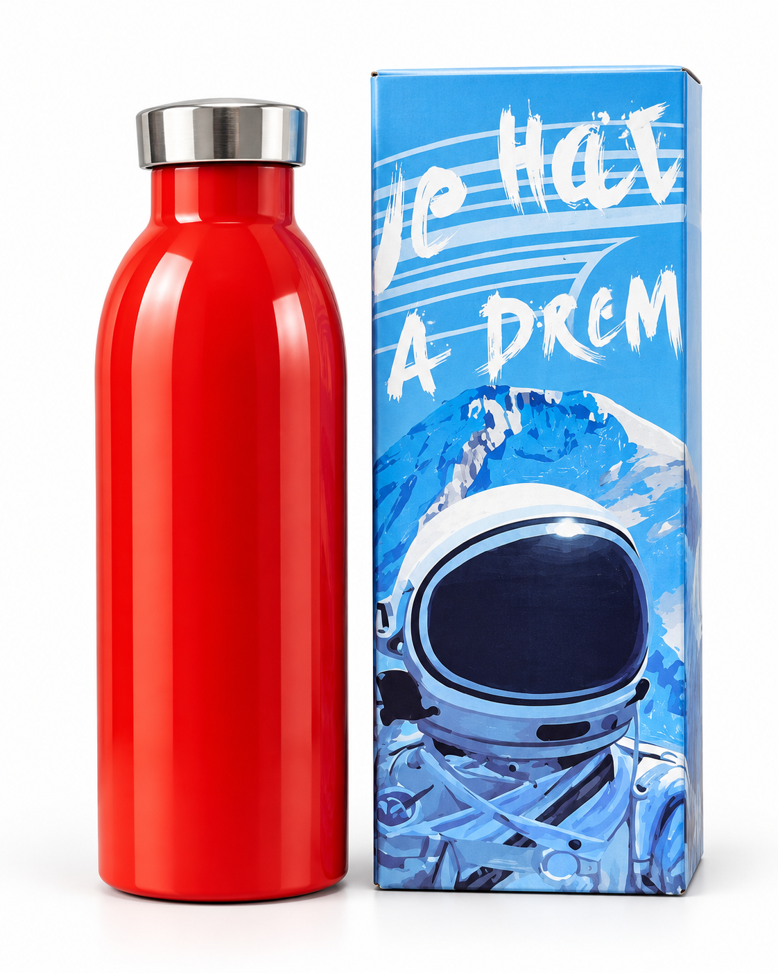 Red insulated water bottle feature details