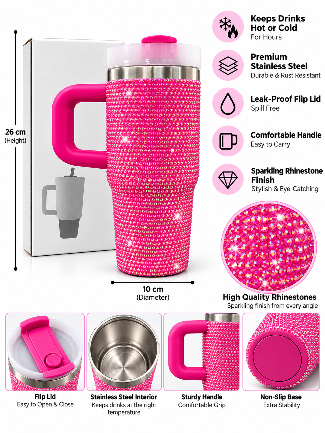 Hot pink rhinestone insulated tumbler features and dimensions