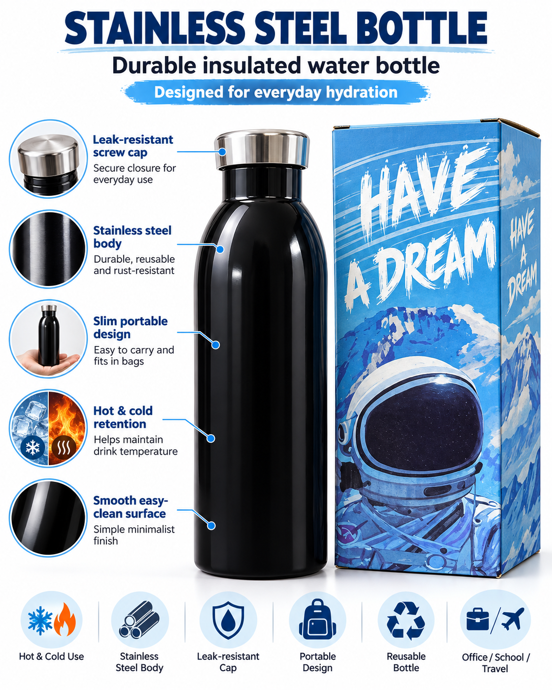 Black stainless steel water bottle and astronaut packaging