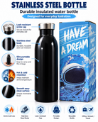 Black stainless steel water bottle and astronaut packaging