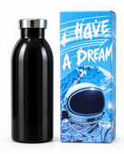Black stainless steel water bottle features infographic