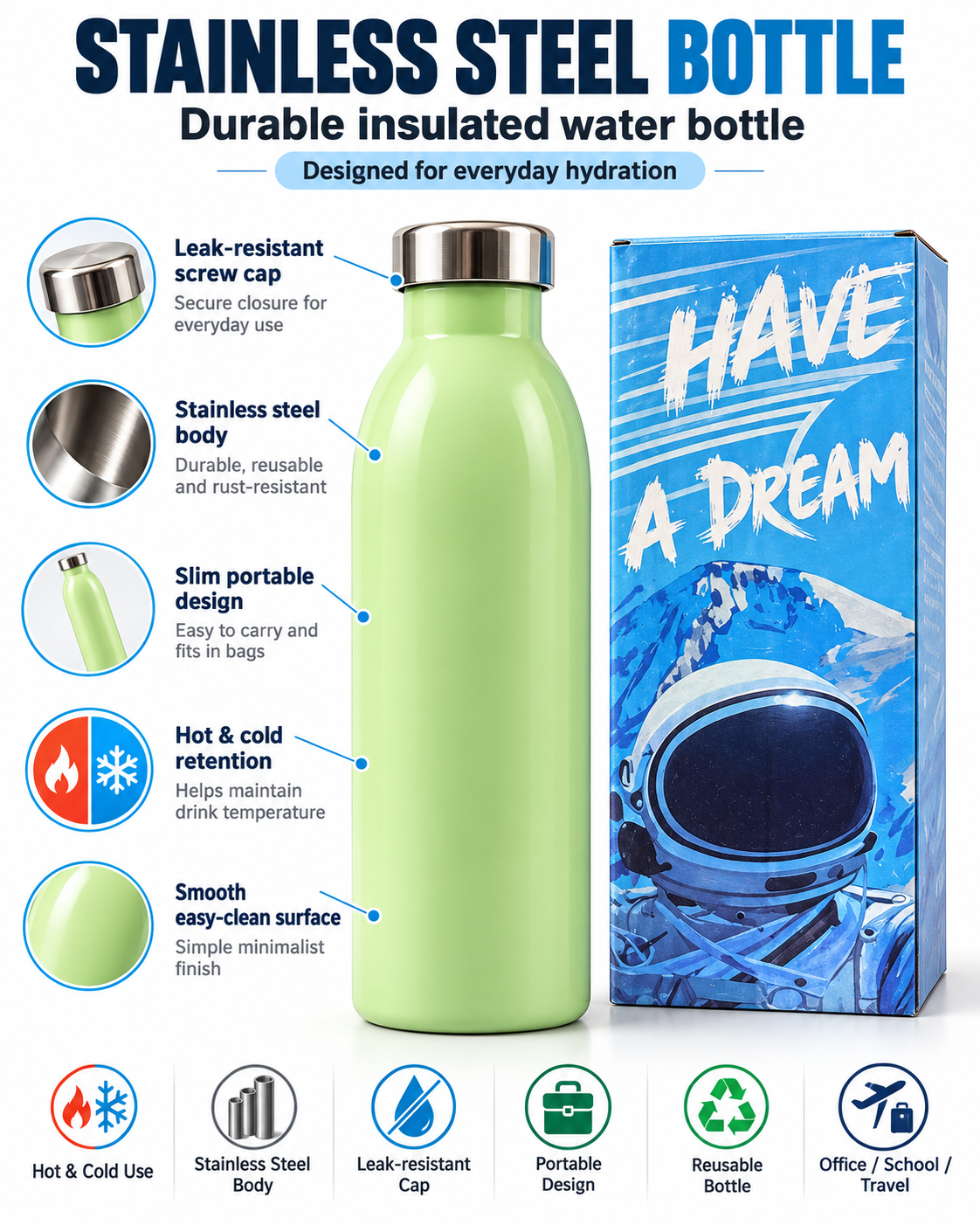 Light green water bottle and astronaut box