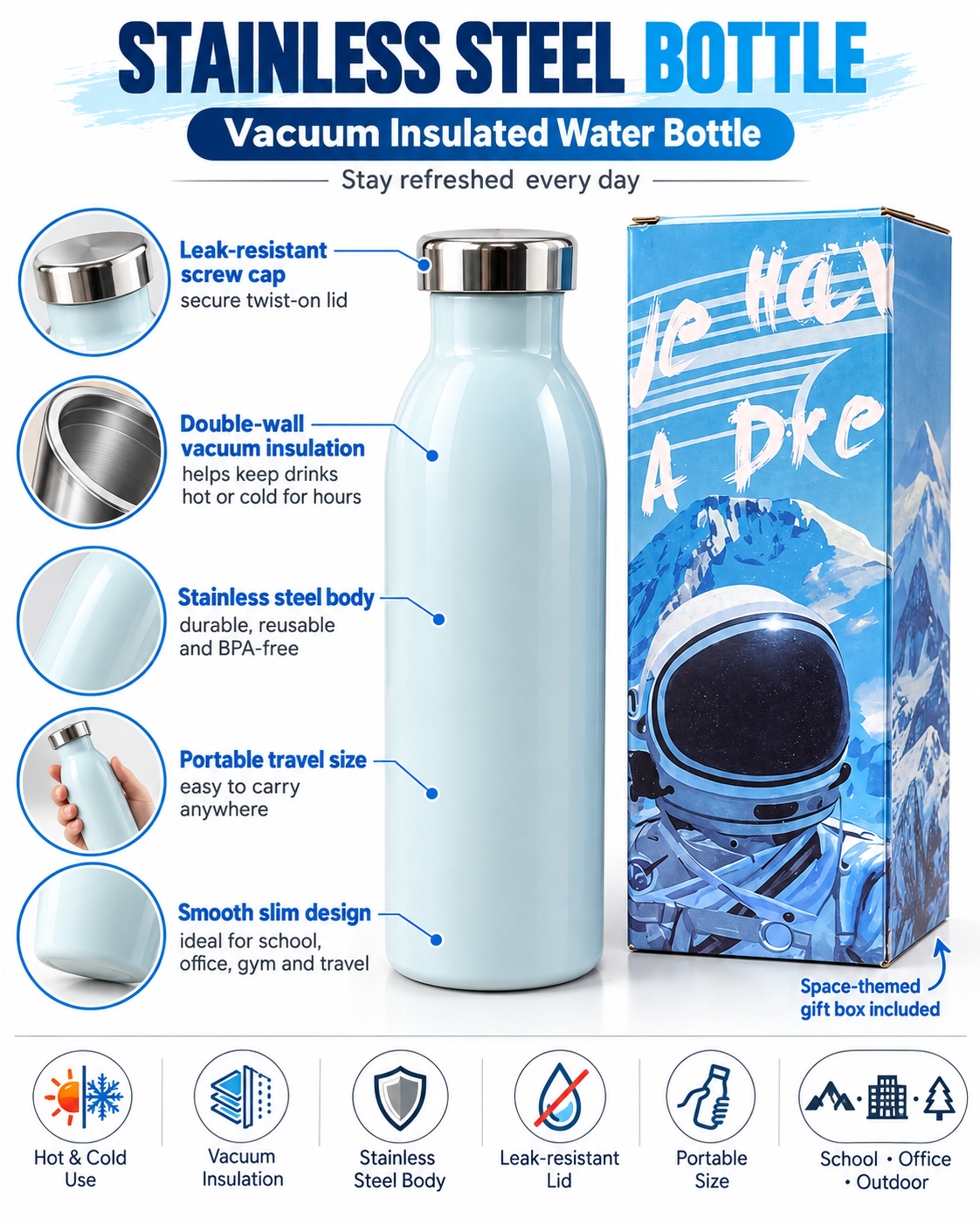 Light blue water bottle with Have A Dream astronaut gift box