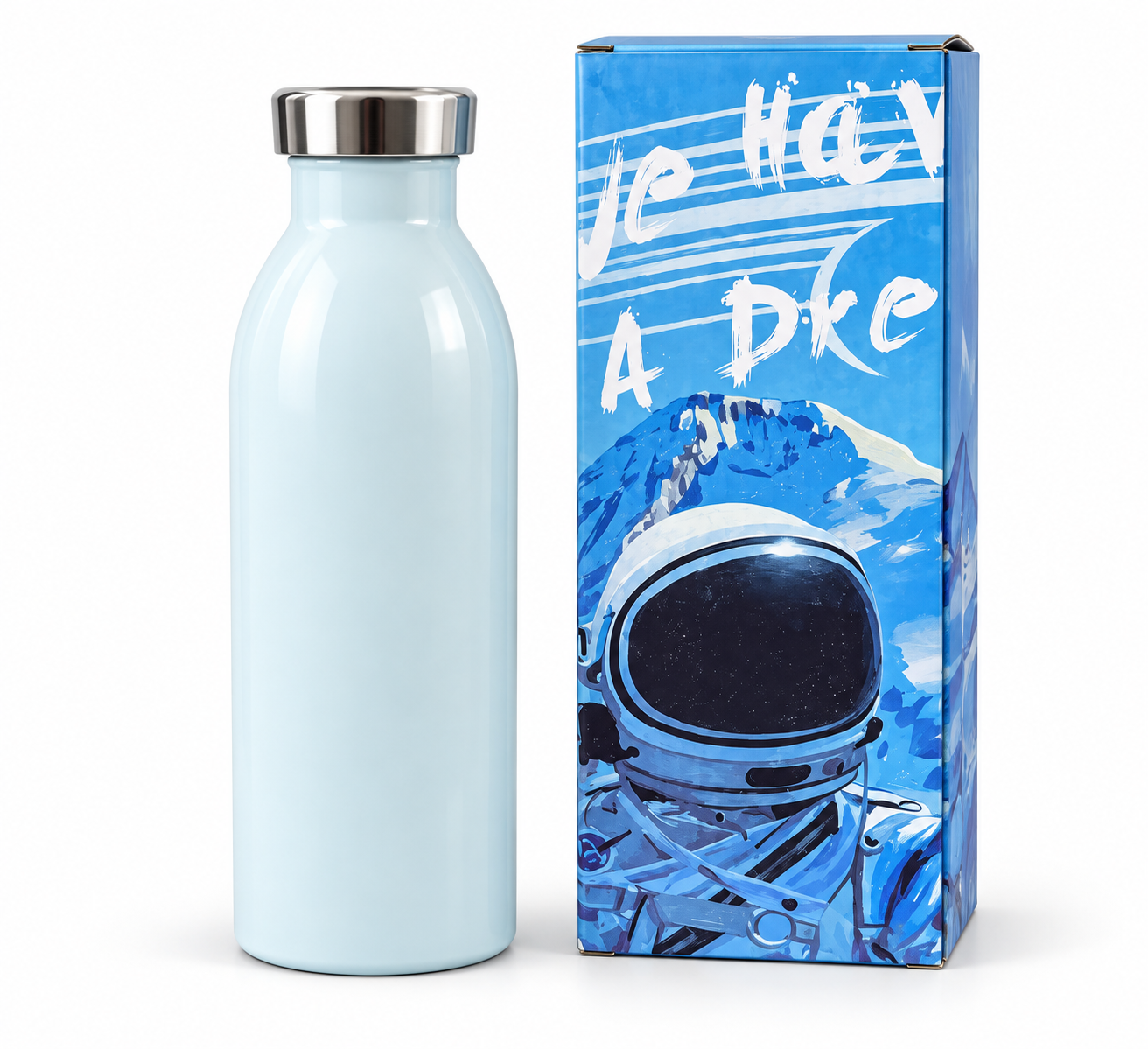 Light blue water bottle product features infographic