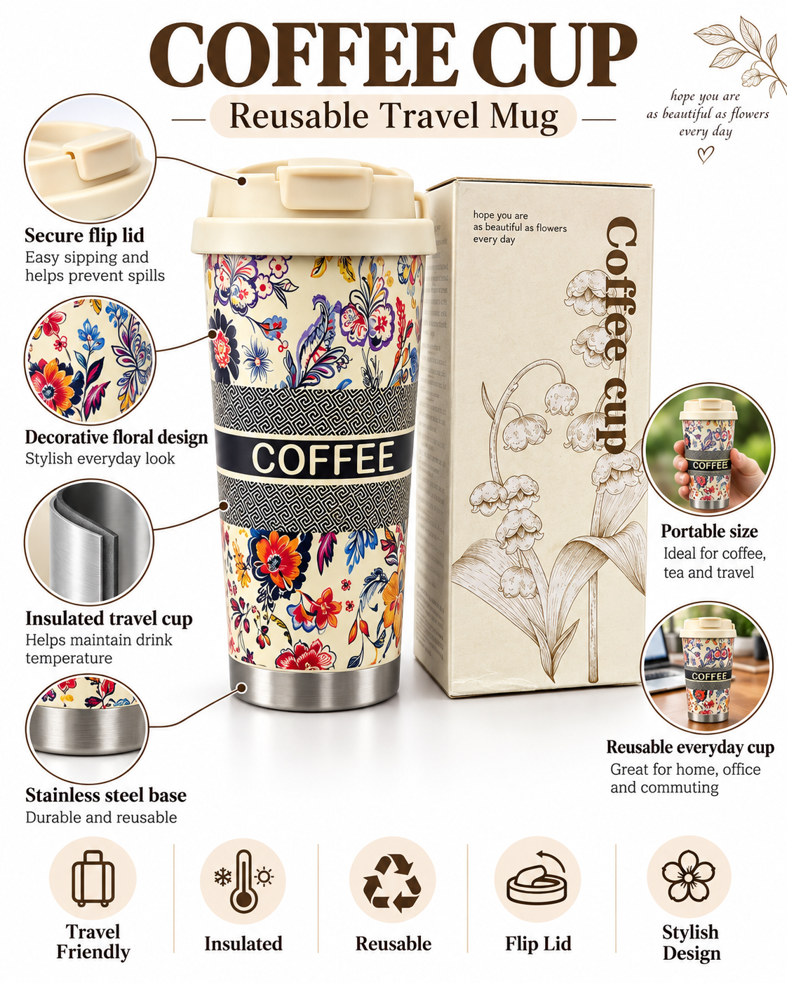 Floral travel mug product features