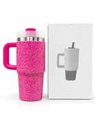 Hot pink rhinestone vacuum insulated stainless steel tumbler with handle and gift box