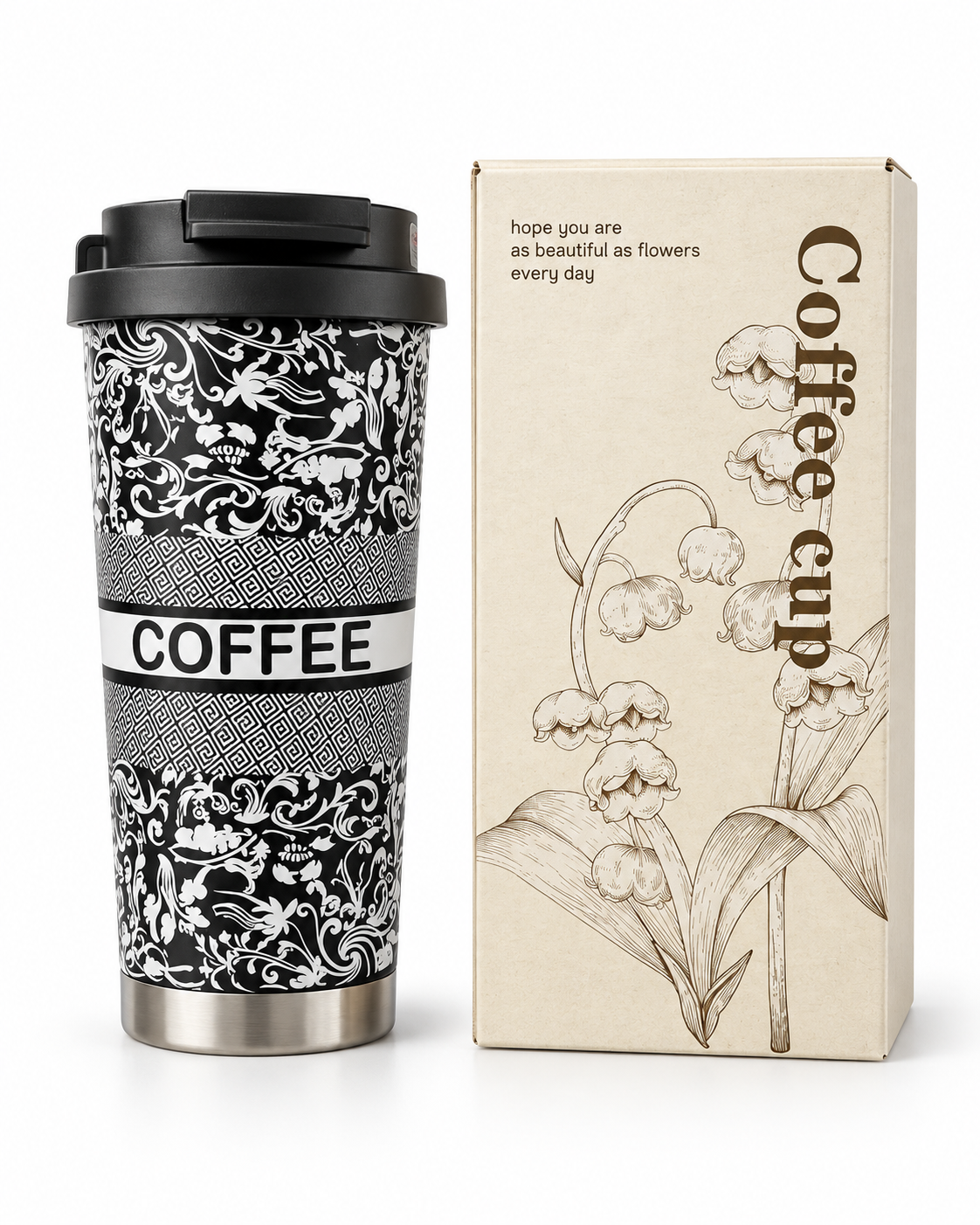 Black and white floral travel mug with matching gift box