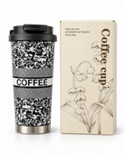 Black and white floral travel mug with matching gift box