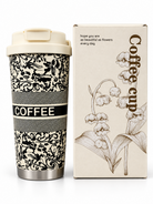 Cream and black floral coffee travel mug with box