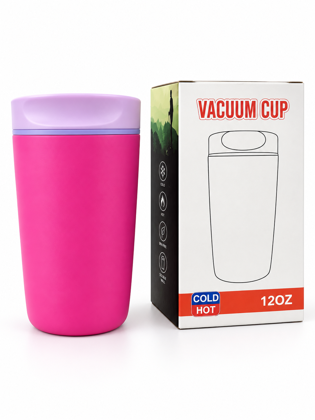 Pink vacuum cup with lavender lid and box