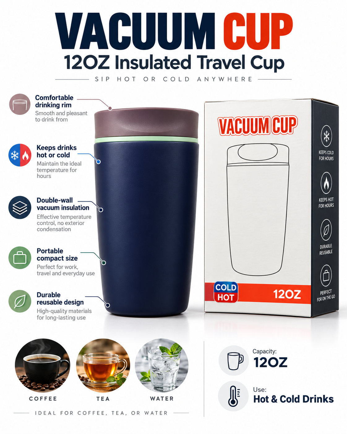 Navy blue and mauve vacuum cup with box