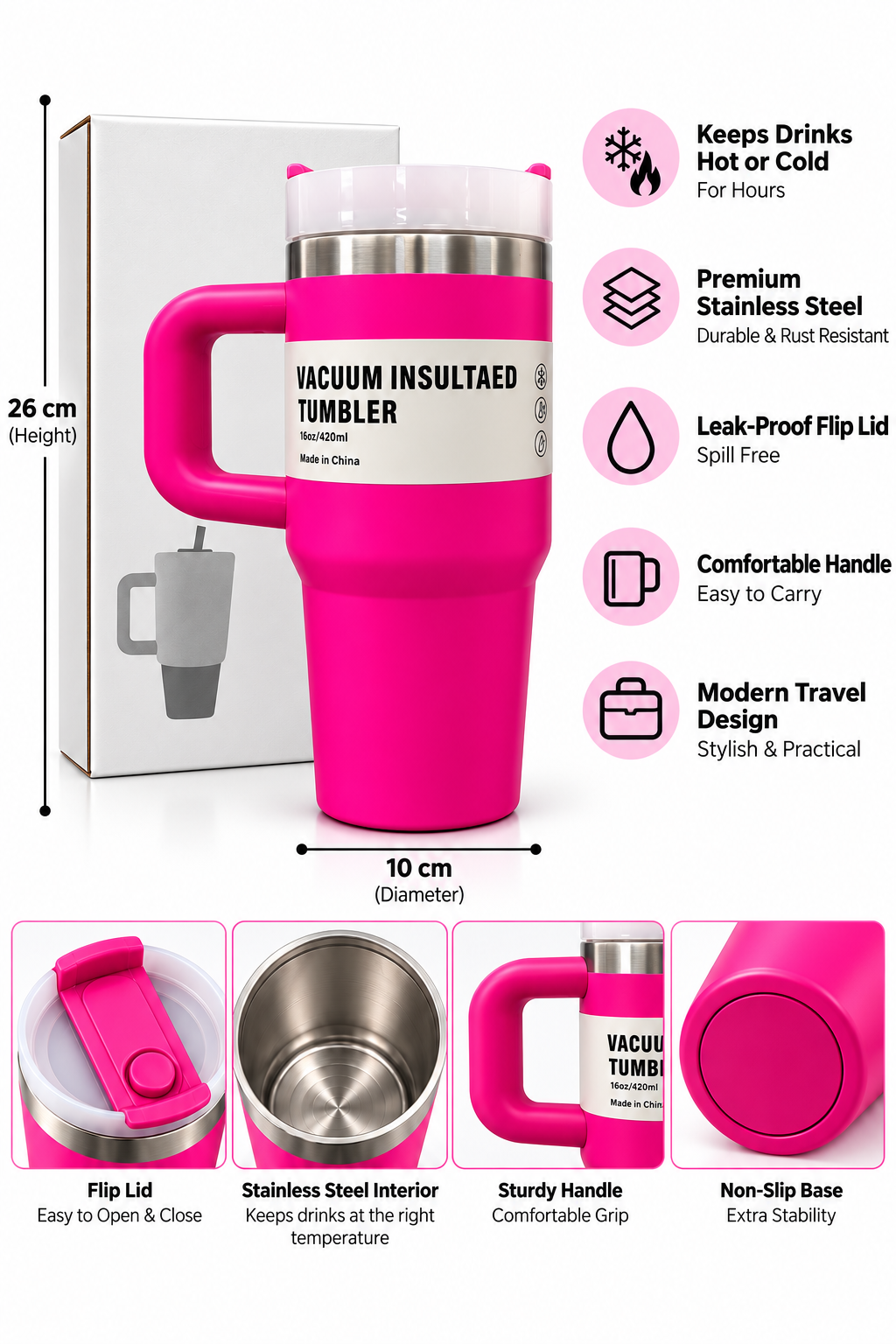 Hot pink vacuum insulated stainless steel tumbler features and dimensions