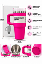 Hot pink vacuum insulated stainless steel tumbler features and dimensions